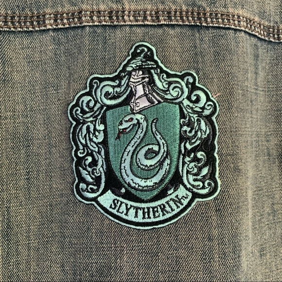 Slytherin House Custom Lightly Distressed Denim Jean Jacket - Picture 4 of 16
